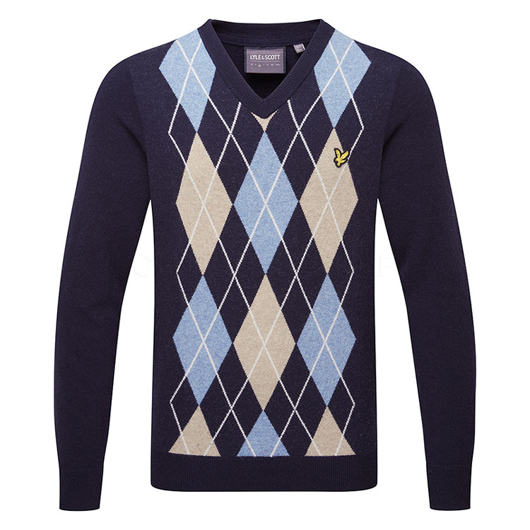 Lyle & Scott Lambswool Argyle V Neck Sweater Cornflower Kn2292g